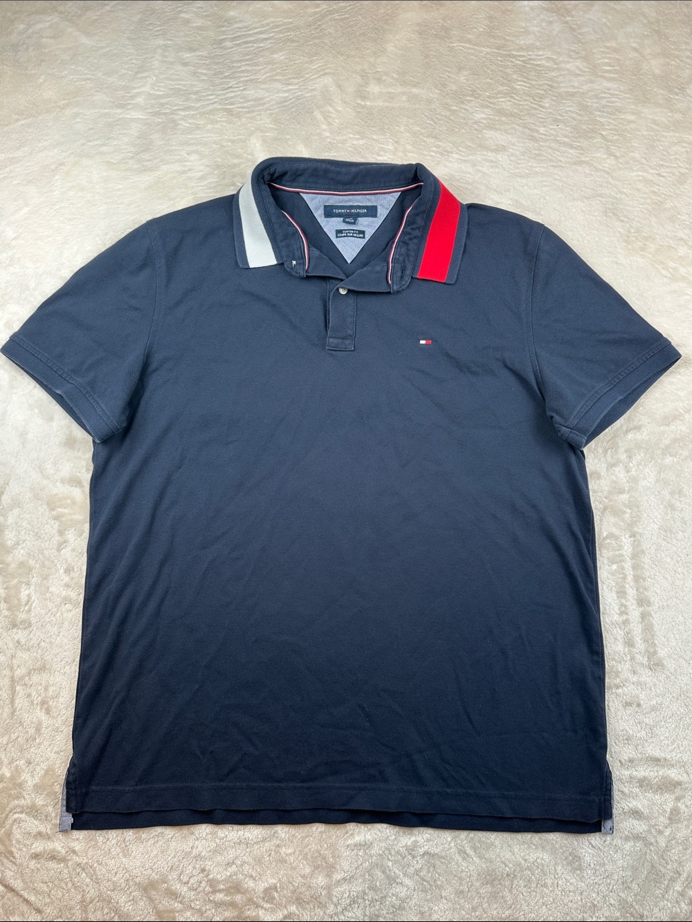 Tommy Hilfiger Size L Navy Polo with Red & White Collar Accents | Business